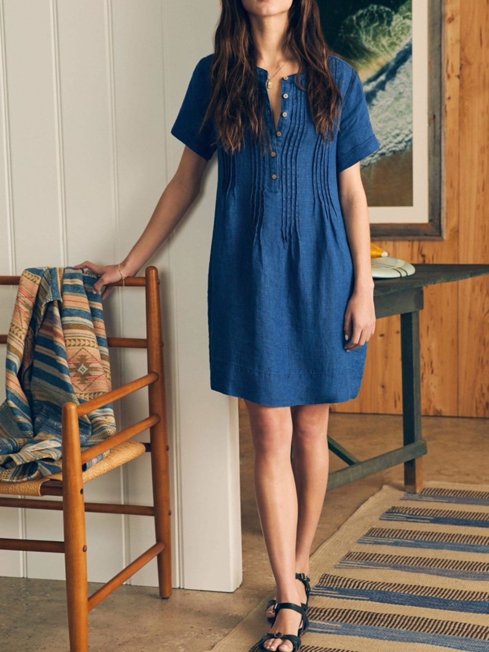 Faherty Gemina Dress 100% Linen Indigo Blue XXS Coastal Classic Preppy Airy